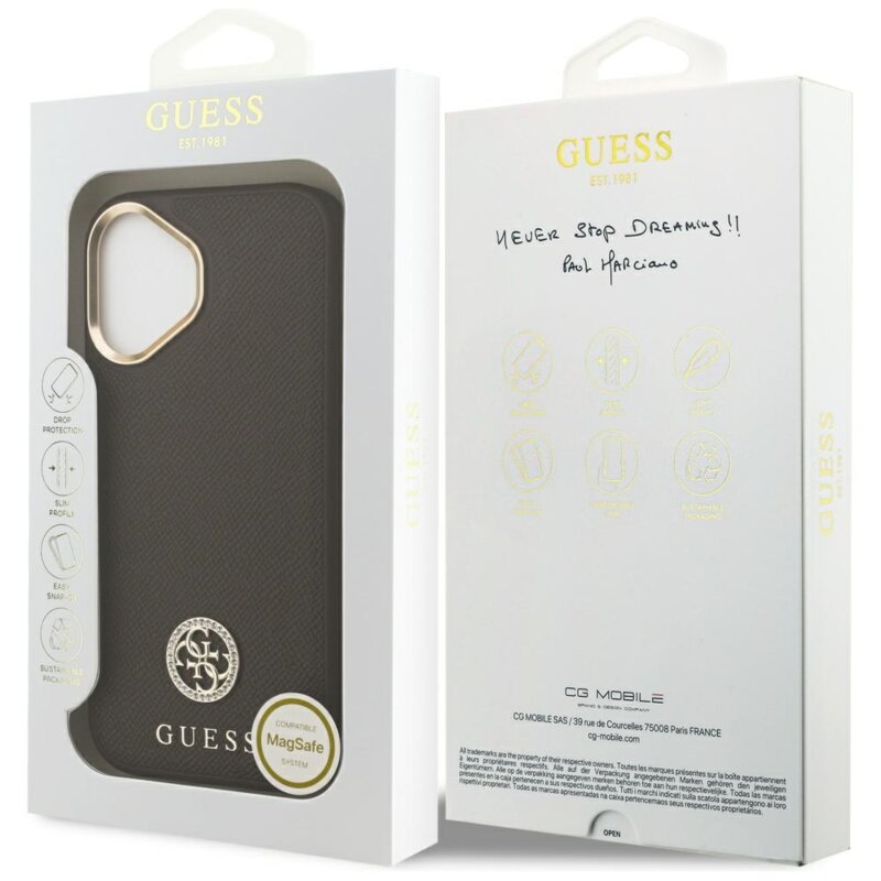 Husa iPhone 17 Guess Grained Strass Logo MagSafe, maro, GUHMP17SPGCRMDEW