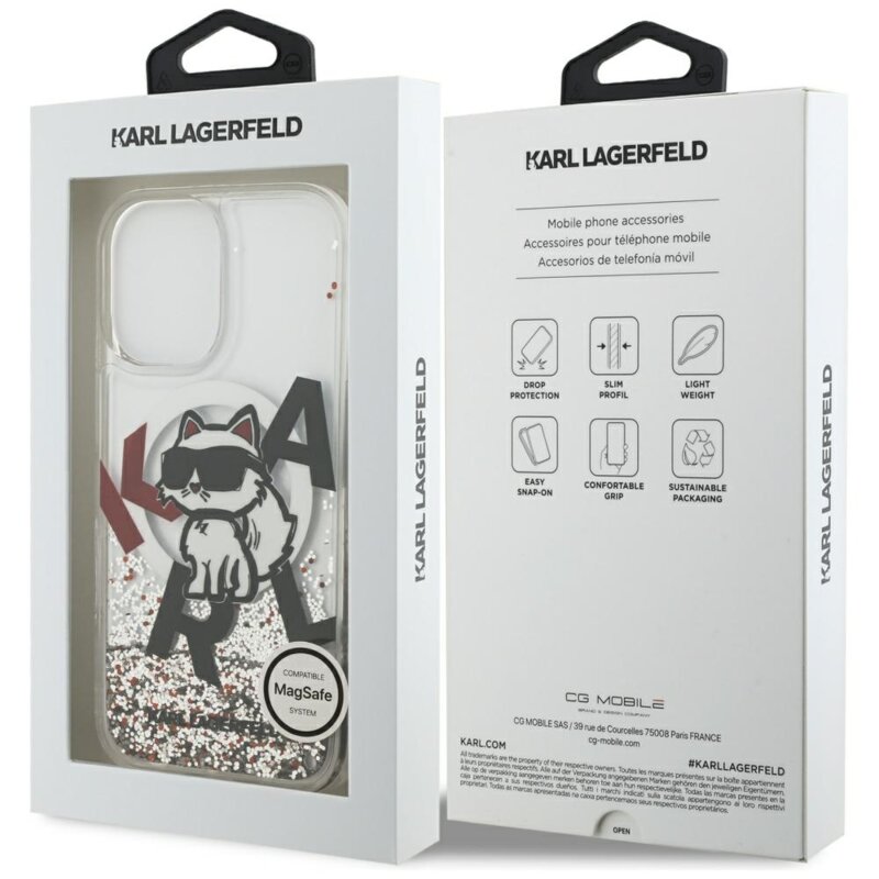 Husa Karl Lagerfeld iPhone 17 Liquid Glitter Choupette Logo MagSafe, transparenta, KLHMP17SLCHSCTDT