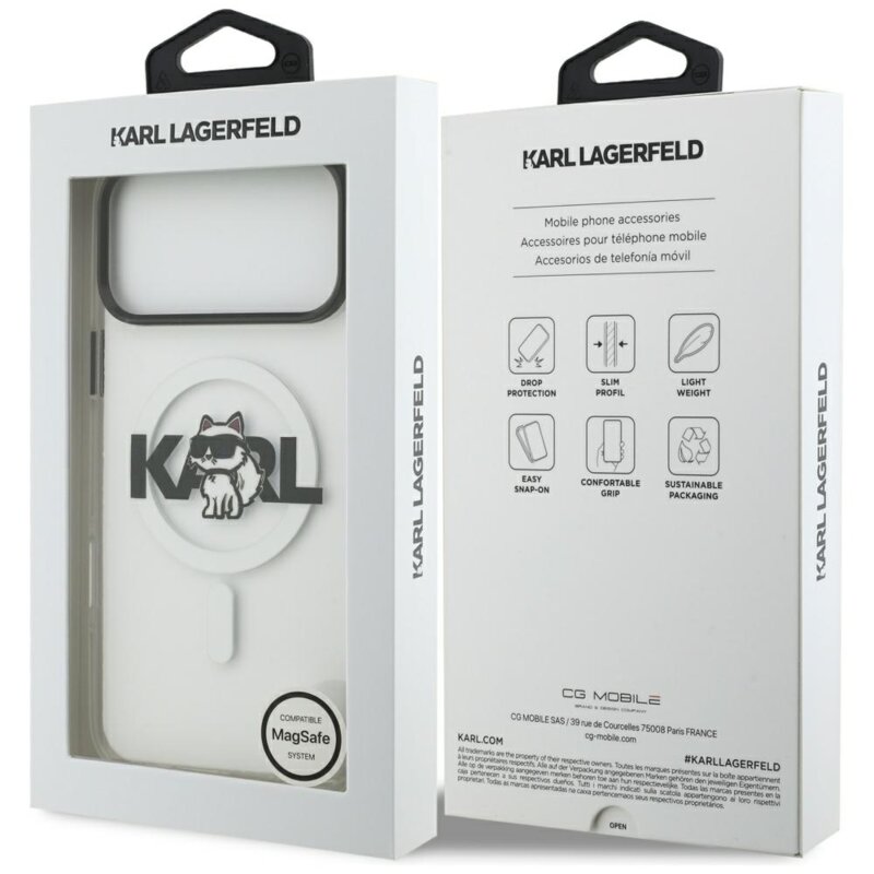 Husa iPhone 17 Pro Max Karl Lagerfeld IML Choupette Sketch Logo MagSafe, transparent, KLHMP17XHGCHGKBT