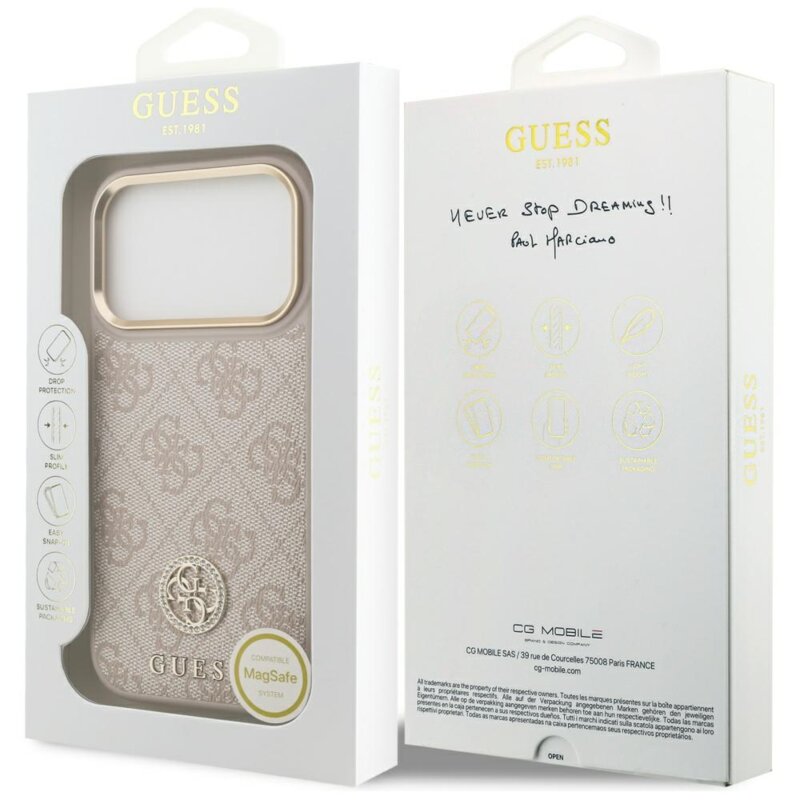 Husa originala Guess iPhone 17 Pro Hardcase 4G Strass Logo MagSafe, roz, GUHMP17LP4GRMDEP