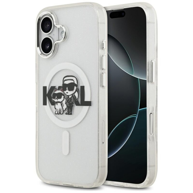 Husa Karl Lagerfeld iPhone 17 IML Glitter Karl & Choupette Sketch Logo MagSafe, transparent, KLHMP17SHGKCGKBT
