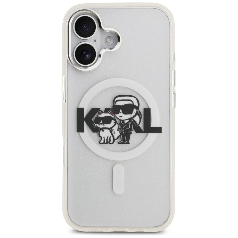 Husa Karl Lagerfeld iPhone 17 IML Glitter Karl & Choupette Sketch Logo MagSafe, transparent, KLHMP17SHGKCGKBT