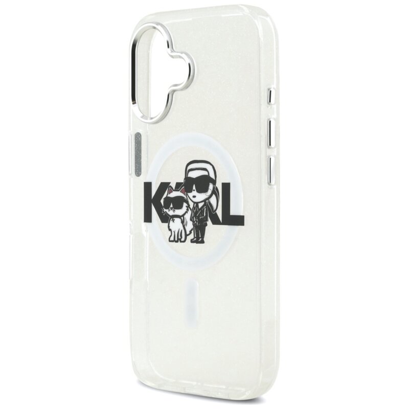 Husa Karl Lagerfeld iPhone 17 IML Glitter Karl & Choupette Sketch Logo MagSafe, transparent, KLHMP17SHGKCGKBT