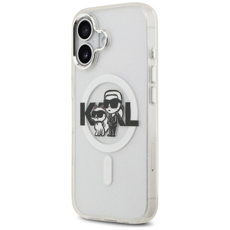Husa Karl Lagerfeld iPhone 17 IML Glitter Karl & Choupette Sketch Logo MagSafe, transparent, KLHMP17SHGKCGKBT