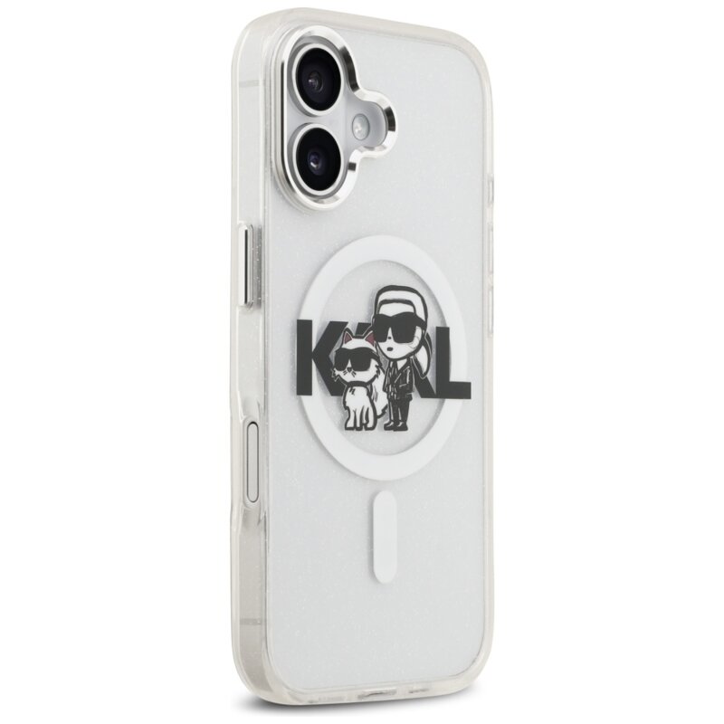 Husa Karl Lagerfeld iPhone 17 IML Glitter Karl & Choupette Sketch Logo MagSafe, transparent, KLHMP17SHGKCGKBT