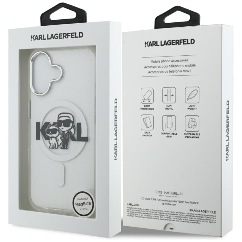 Husa Karl Lagerfeld iPhone 17 IML Glitter Karl & Choupette Sketch Logo MagSafe, transparent, KLHMP17SHGKCGKBT
