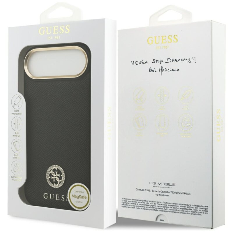 Husa originala Guess iPhone 17 Air Grained Strass Logo MagSafe, negru, GUHMP17MPGCRMDEK