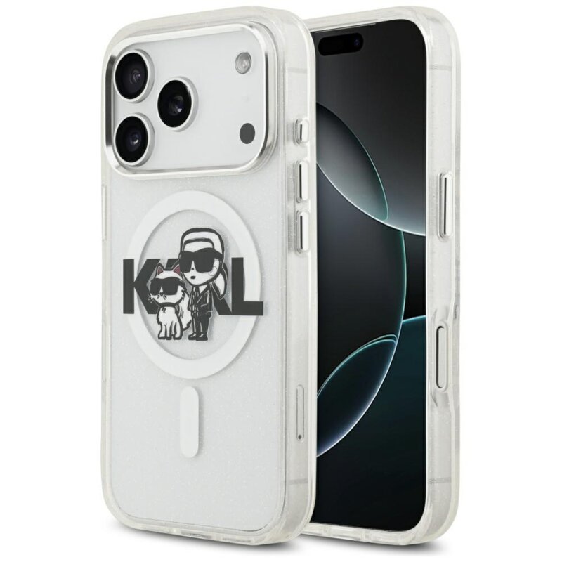 Husa Karl Lagerfeld iPhone 17 Pro IML Glitter Karl & Choupette Sketch Logo MagSafe, transparent, KLHMP17LHGKCGKBT