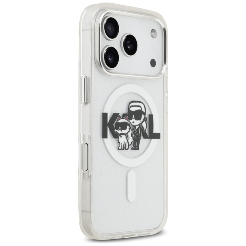 Husa Karl Lagerfeld iPhone 17 Pro IML Glitter Karl & Choupette Sketch Logo MagSafe, transparent, KLHMP17LHGKCGKBT