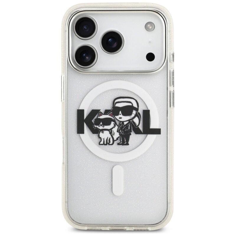 Husa Karl Lagerfeld iPhone 17 Pro IML Glitter Karl & Choupette Sketch Logo MagSafe, transparent, KLHMP17LHGKCGKBT