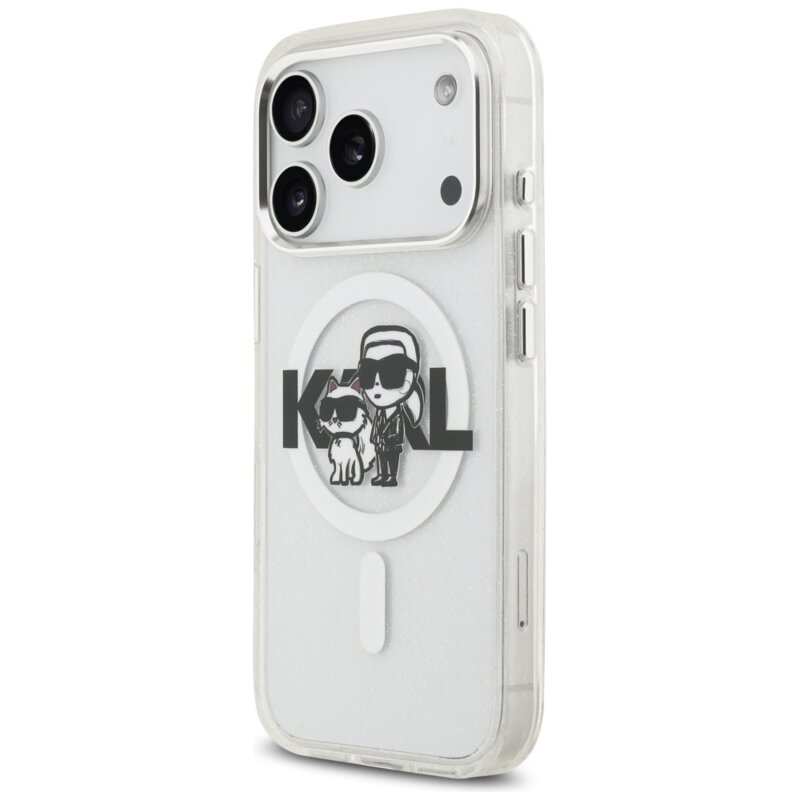 Husa Karl Lagerfeld iPhone 17 Pro IML Glitter Karl & Choupette Sketch Logo MagSafe, transparent, KLHMP17LHGKCGKBT