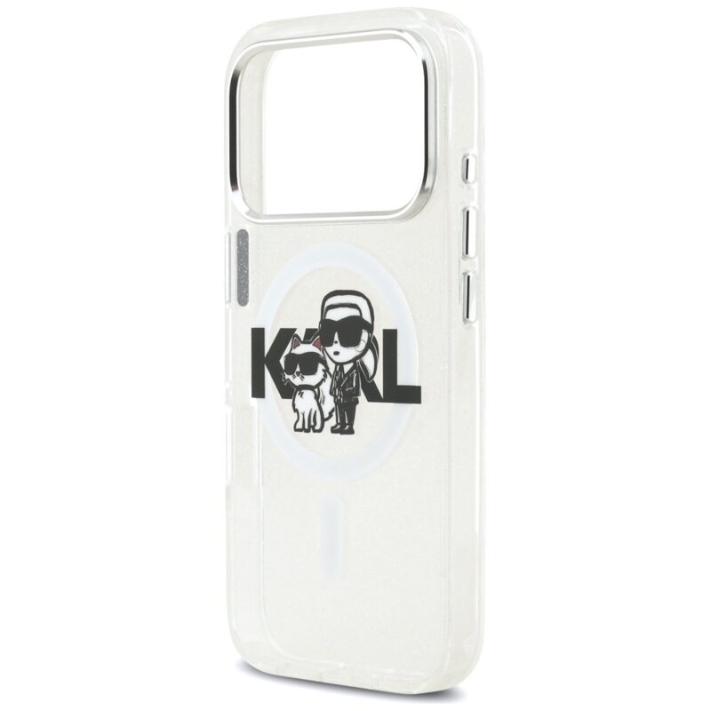 Husa Karl Lagerfeld iPhone 17 Pro IML Glitter Karl & Choupette Sketch Logo MagSafe, transparent, KLHMP17LHGKCGKBT