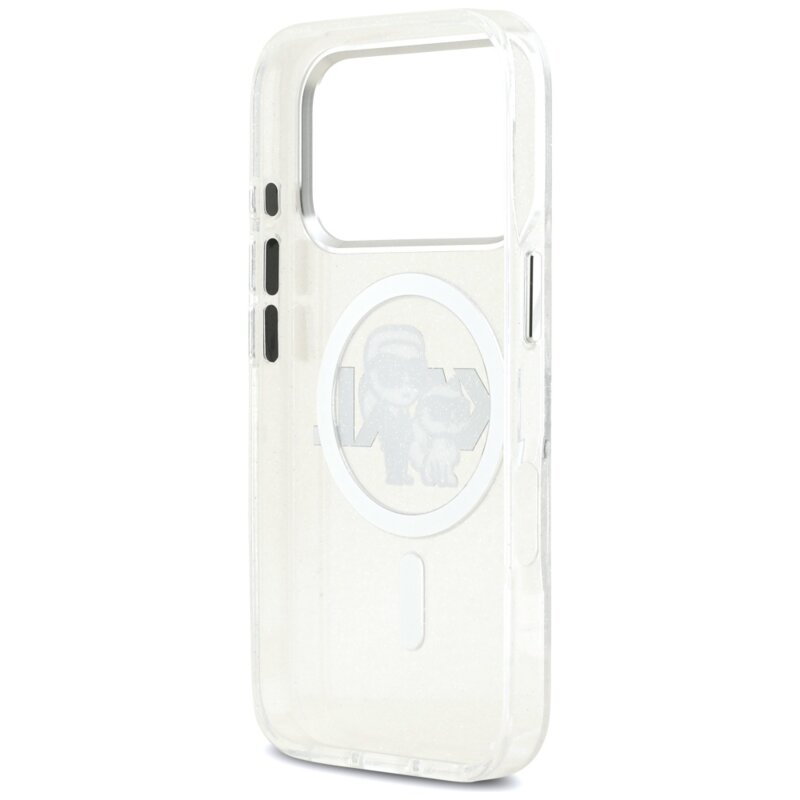 Husa Karl Lagerfeld iPhone 17 Pro IML Glitter Karl & Choupette Sketch Logo MagSafe, transparent, KLHMP17LHGKCGKBT