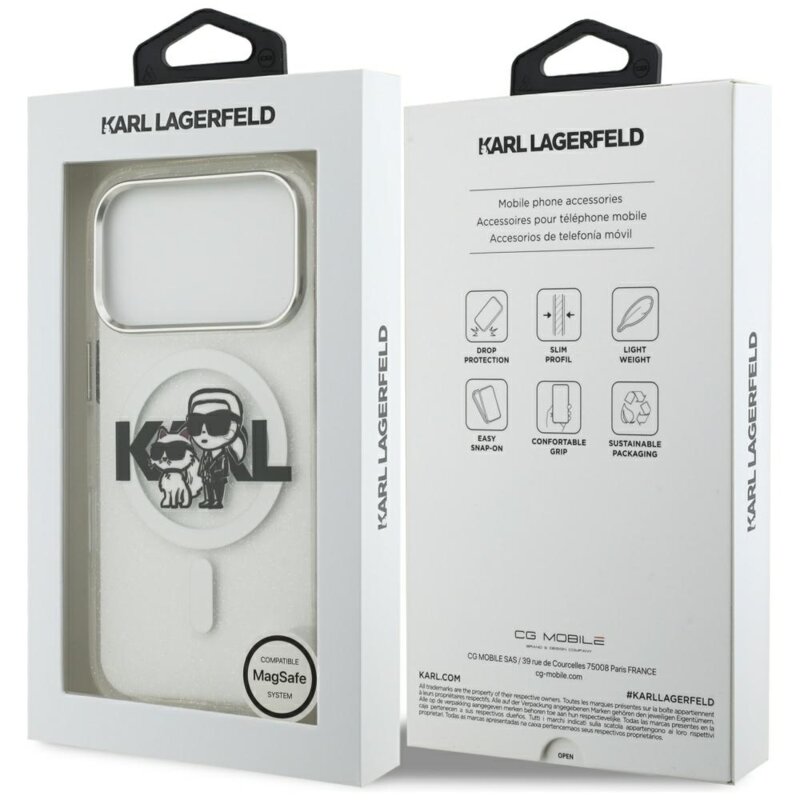 Husa Karl Lagerfeld iPhone 17 Pro IML Glitter Karl & Choupette Sketch Logo MagSafe, transparent, KLHMP17LHGKCGKBT