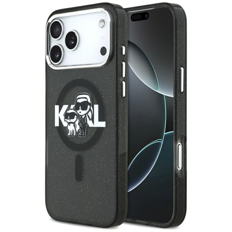 Husa Karl Lagerfeld iPhone 17 Pro Max IML Glitter Karl & Choupette Sketch Logo MagSafe, negru, KLHMP17XHGKCGKBK