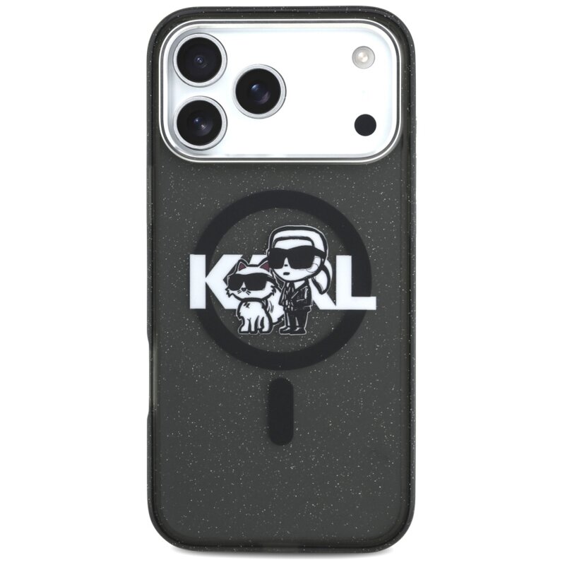 Husa Karl Lagerfeld iPhone 17 Pro Max IML Glitter Karl & Choupette Sketch Logo MagSafe, negru, KLHMP17XHGKCGKBK