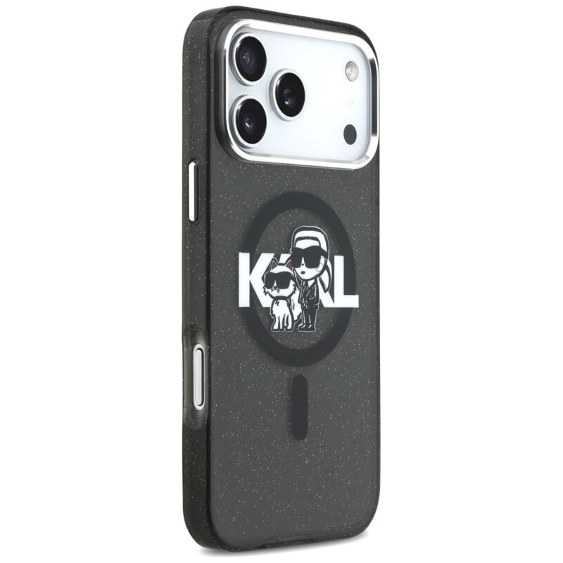 Husa Karl Lagerfeld iPhone 17 Pro Max IML Glitter Karl & Choupette Sketch Logo MagSafe, negru, KLHMP17XHGKCGKBK