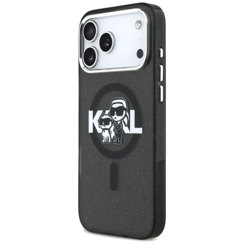 Husa Karl Lagerfeld iPhone 17 Pro Max IML Glitter Karl & Choupette Sketch Logo MagSafe, negru, KLHMP17XHGKCGKBK