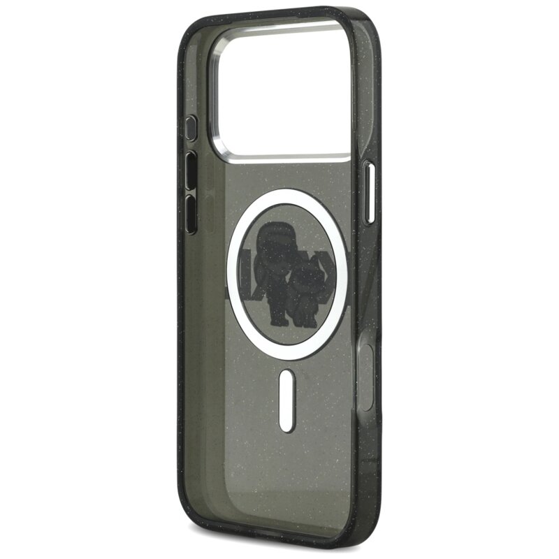 Husa Karl Lagerfeld iPhone 17 Pro Max IML Glitter Karl & Choupette Sketch Logo MagSafe, negru, KLHMP17XHGKCGKBK