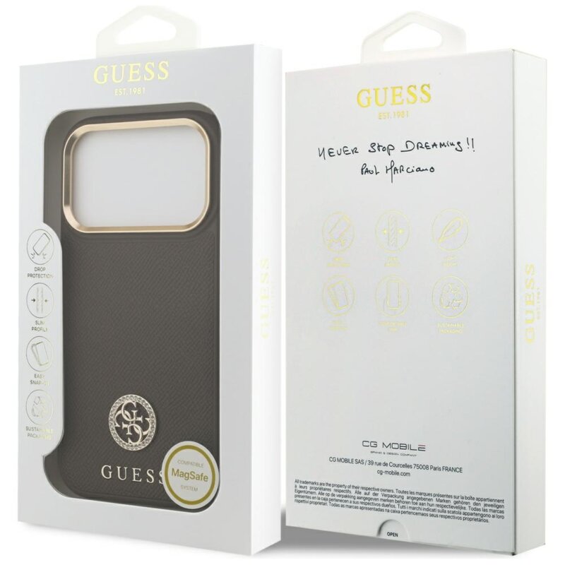 Husa originala Guess iPhone 17 Pro Grained Strass Logo MagSafe, maro, GUHMP17LPGCRMDEW