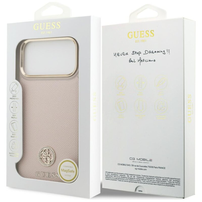 Husa originala Guess iPhone 17 Pro Max Grained Strass Logo MagSafe, roz