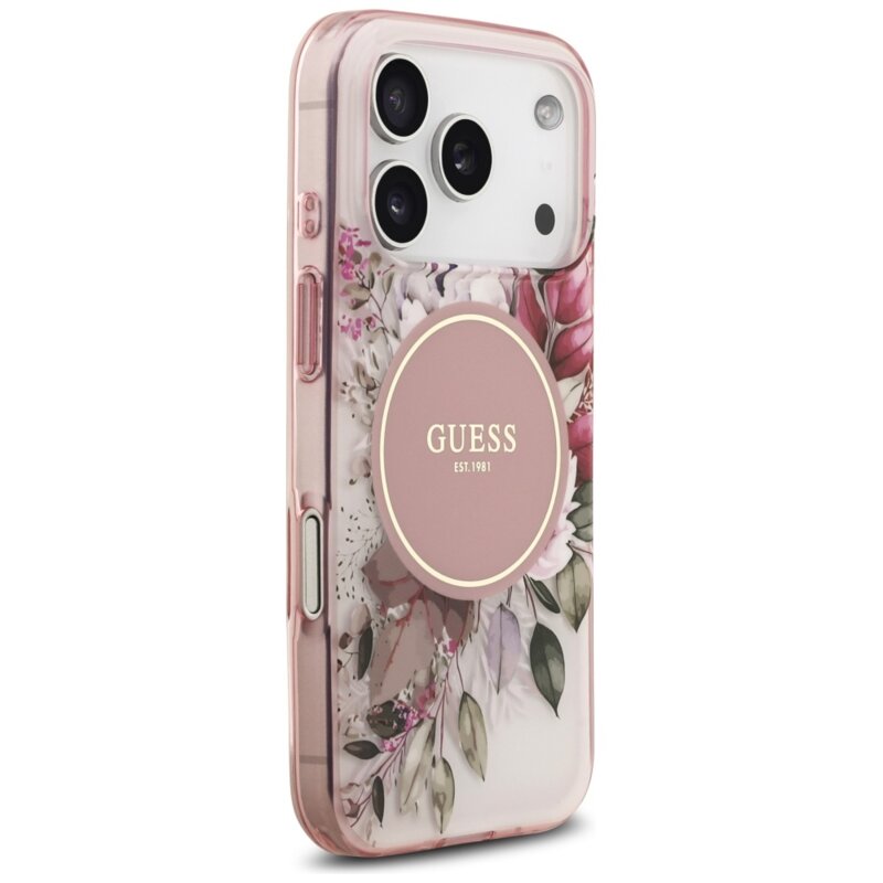Husa iPhone 17 Pro originala Guess IML Flower & Tonal Circle MagSafe, roz, GUHMP17LHFWBDCEP