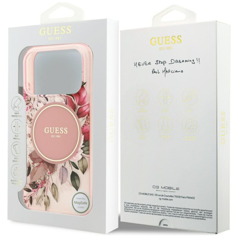 Husa iPhone 17 Pro originala Guess IML Flower & Tonal Circle MagSafe, roz, GUHMP17LHFWBDCEP