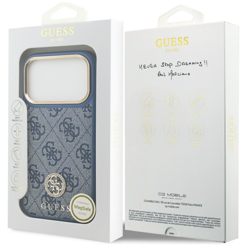 Husa originala Guess iPhone 17 Pro Hardcase 4G Strass Logo MagSafe, albastru, GUHMP17LP4GRMDEB