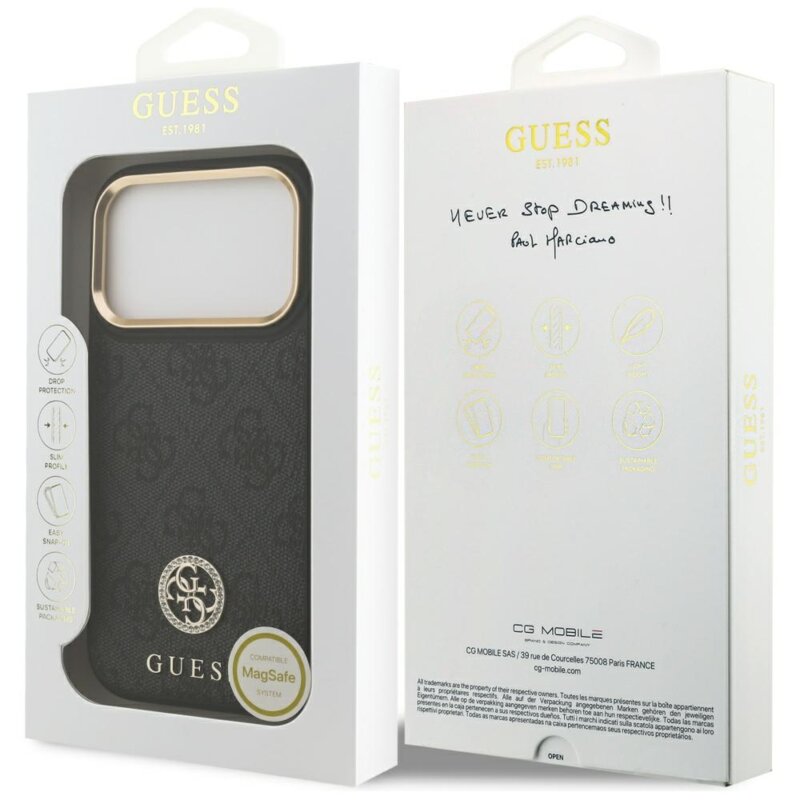 Husa originala Guess iPhone 17 Pro Hardcase 4G Strass Logo MagSafe, negru, GUHMP17LP4GRMDEK