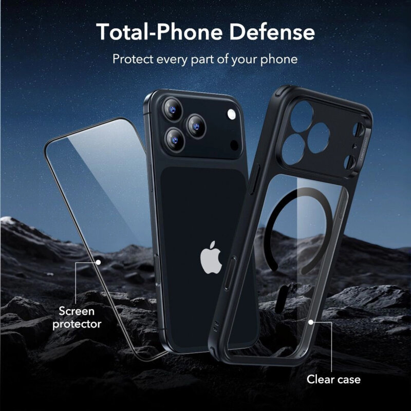 [Pachet 360°] Husa + folie iPhone 17 Pro ESR Classic Hybrid HaloLock, negru/transparenta