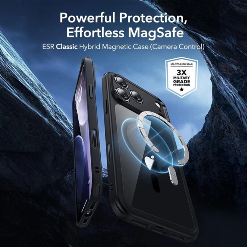 [Pachet 360°] Husa + folie iPhone 17 Pro Max ESR Classic Hybrid HaloLock, negru/transparenta