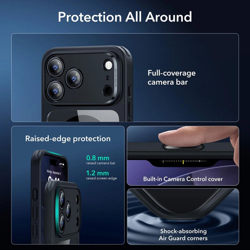 [Pachet 360°] Husa + folie iPhone 17 Pro Max ESR Classic Hybrid HaloLock, negru/transparenta