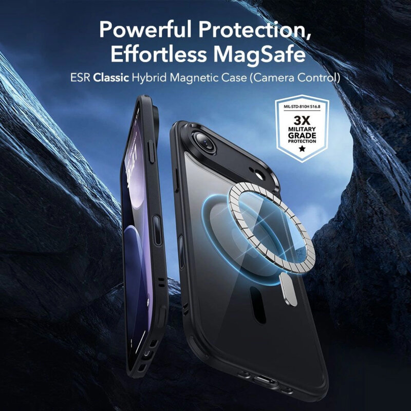 [Pachet 360°] Husa + folie iPhone 17 Air ESR Classic Hybrid HaloLock, negru/transparenta