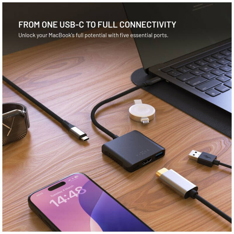 Hub USB-C 5in1, 2x USB-C, 2x USB-A, HDMI, Fixed Quadri, FIXHU-QR-BK