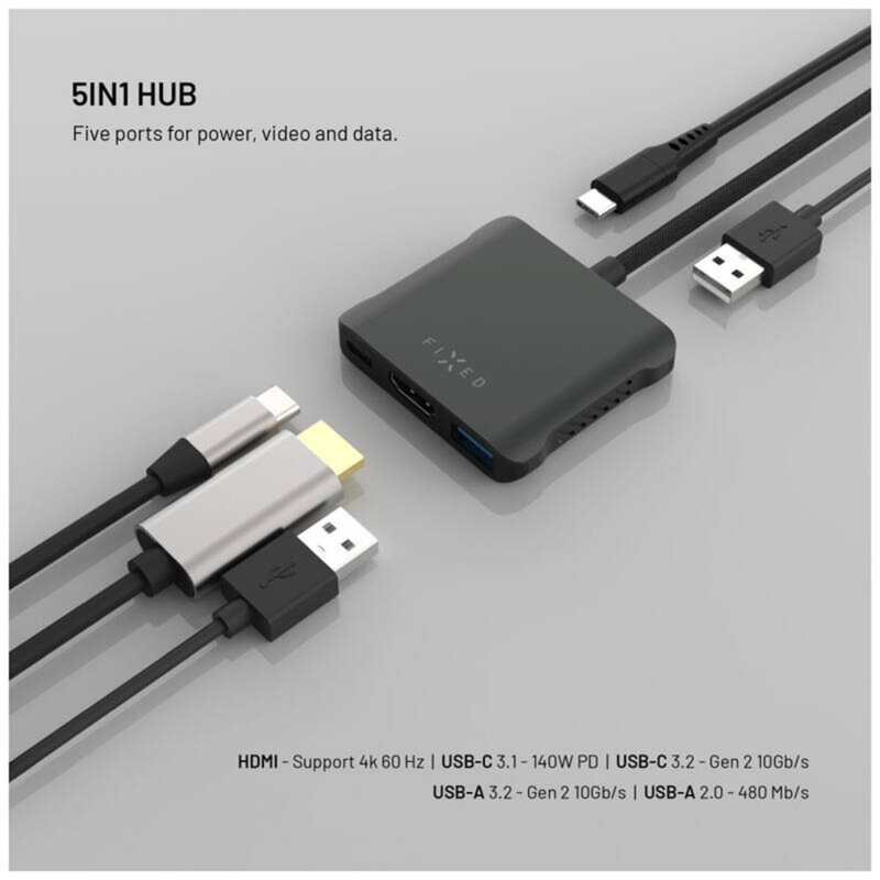 Hub USB-C 5in1, 2x USB-C, 2x USB-A, HDMI, Fixed Quadri, FIXHU-QR-BK