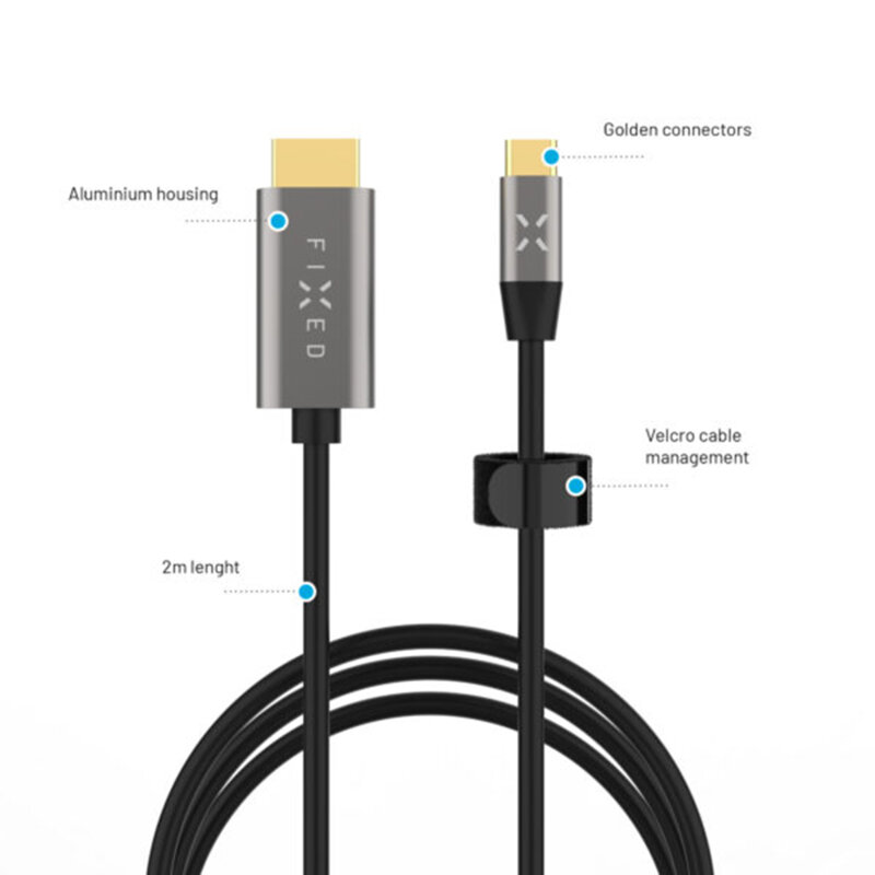 Cablu video USB-C la HDMI 4K, Fixed FIXHU-CHDMI-GR, gri, 2m