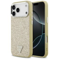 Husa Guess Glitter Triangle Logo MagSafe iPhone 17 Pro Max cu sclipici, auriu, GUHMP17XPFGTSCMD