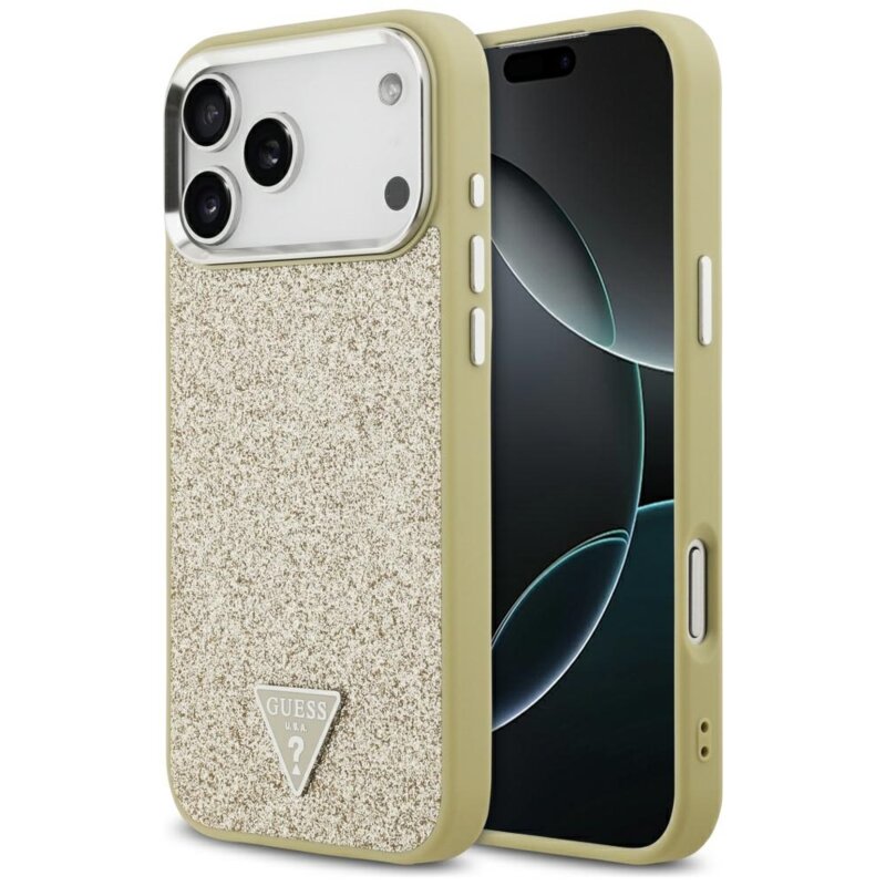 Husa Guess Glitter Triangle Logo MagSafe iPhone 17 Pro Max cu sclipici, auriu, GUHMP17XPFGTSCMD