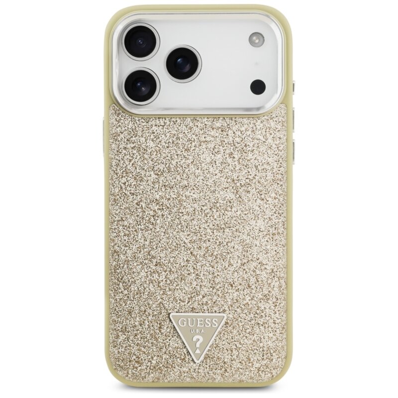Husa Guess Glitter Triangle Logo MagSafe iPhone 17 Pro Max cu sclipici, auriu, GUHMP17XPFGTSCMD
