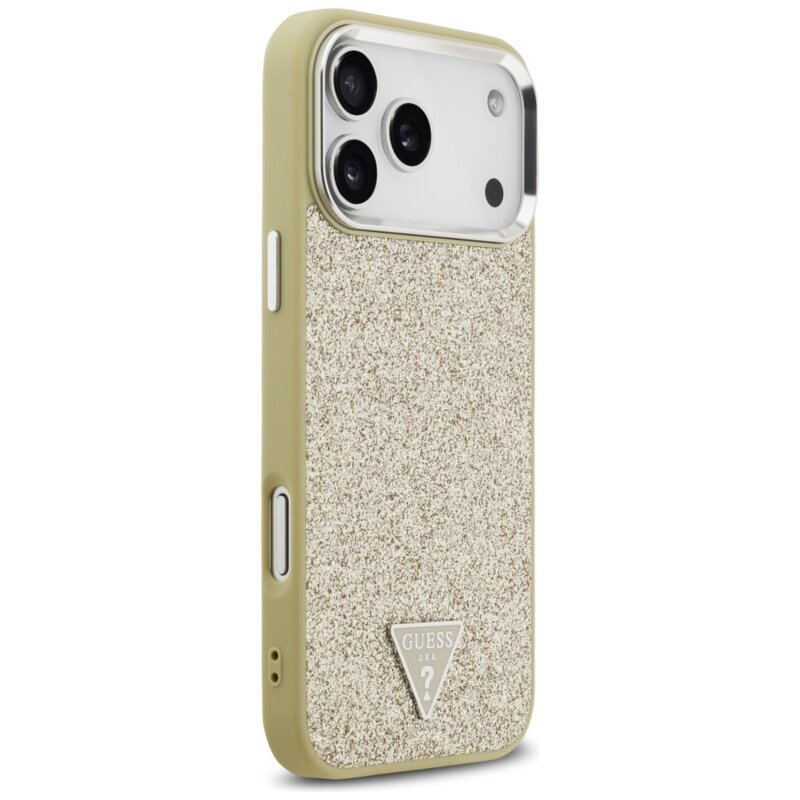 Husa Guess Glitter Triangle Logo MagSafe iPhone 17 Pro Max cu sclipici, auriu, GUHMP17XPFGTSCMD