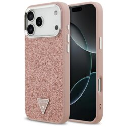 Husa Guess Glitter Triangle Logo MagSafe iPhone 17 Pro Max cu sclipici, roz, GUHMP17XPFGTSCMP