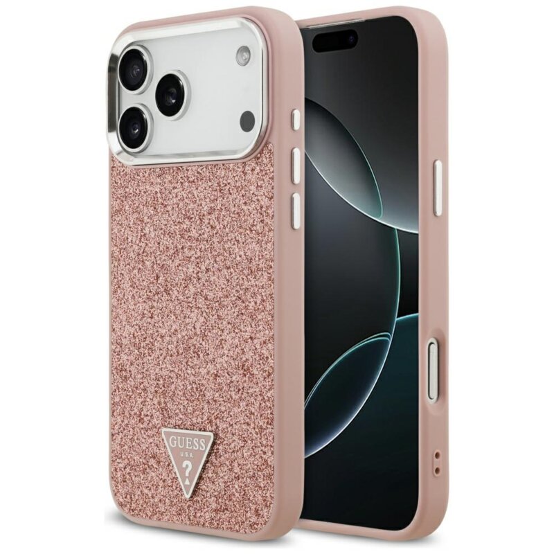 Husa Guess Glitter Triangle Logo MagSafe iPhone 17 Pro Max cu sclipici, roz, GUHMP17XPFGTSCMP