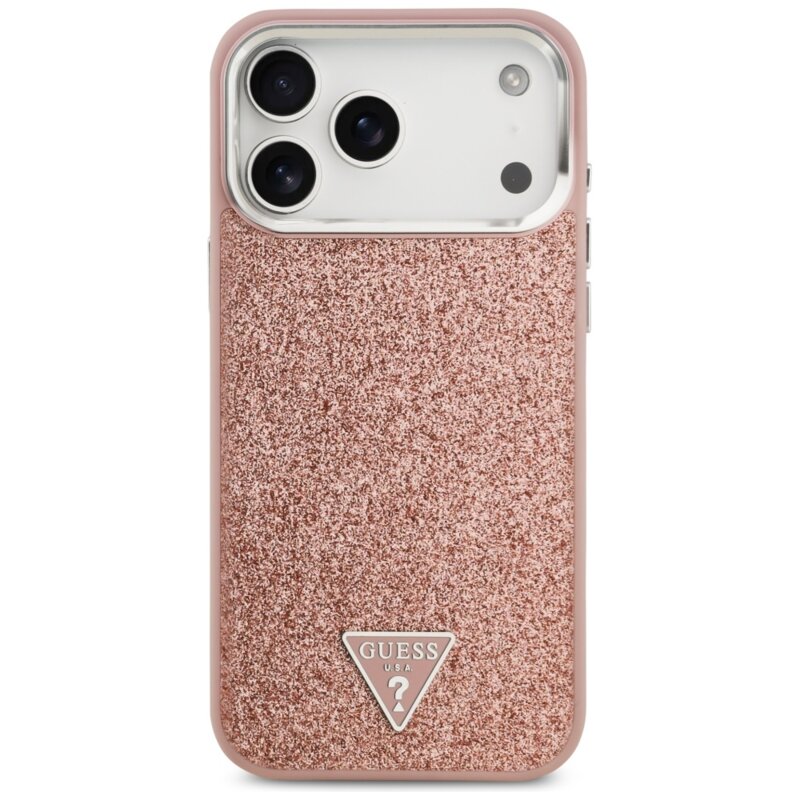 Husa Guess Glitter Triangle Logo MagSafe iPhone 17 Pro Max cu sclipici, roz, GUHMP17XPFGTSCMP