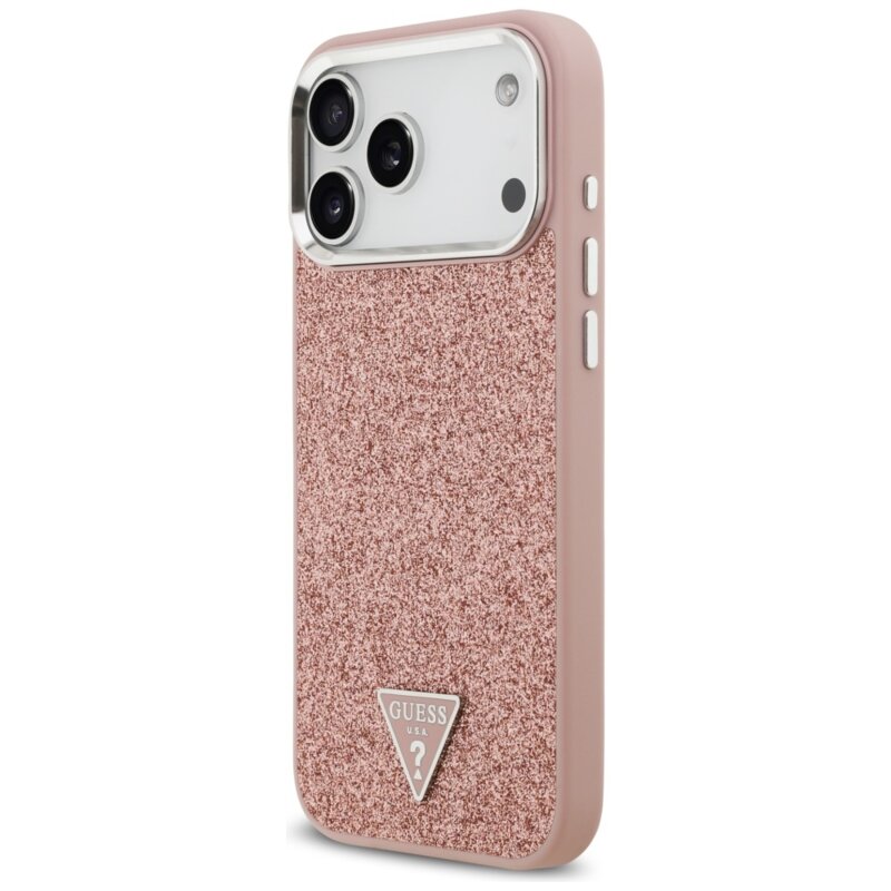 Husa Guess Glitter Triangle Logo MagSafe iPhone 17 Pro Max cu sclipici, roz, GUHMP17XPFGTSCMP
