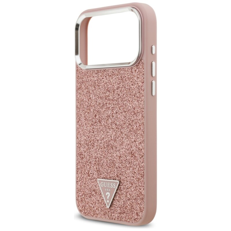 Husa Guess Glitter Triangle Logo MagSafe iPhone 17 Pro Max cu sclipici, roz, GUHMP17XPFGTSCMP
