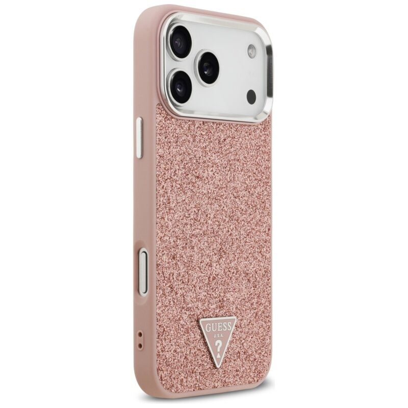 Husa Guess Glitter Triangle Logo MagSafe iPhone 17 Pro Max cu sclipici, roz, GUHMP17XPFGTSCMP