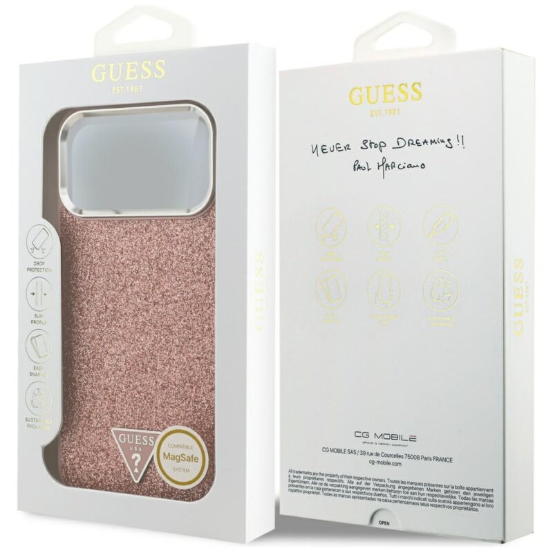 Husa Guess Glitter Triangle Logo MagSafe iPhone 17 Pro Max cu sclipici, roz, GUHMP17XPFGTSCMP