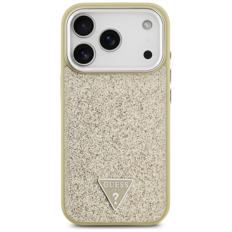 Husa Guess Glitter Triangle Logo MagSafe iPhone 17 Pro cu sclipici, auriu, GUHMP17LPFGTSCMD