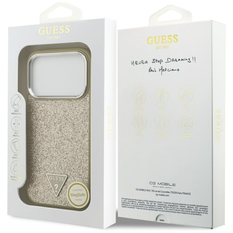 Husa Guess Glitter Triangle Logo MagSafe iPhone 17 Pro cu sclipici, auriu, GUHMP17LPFGTSCMD