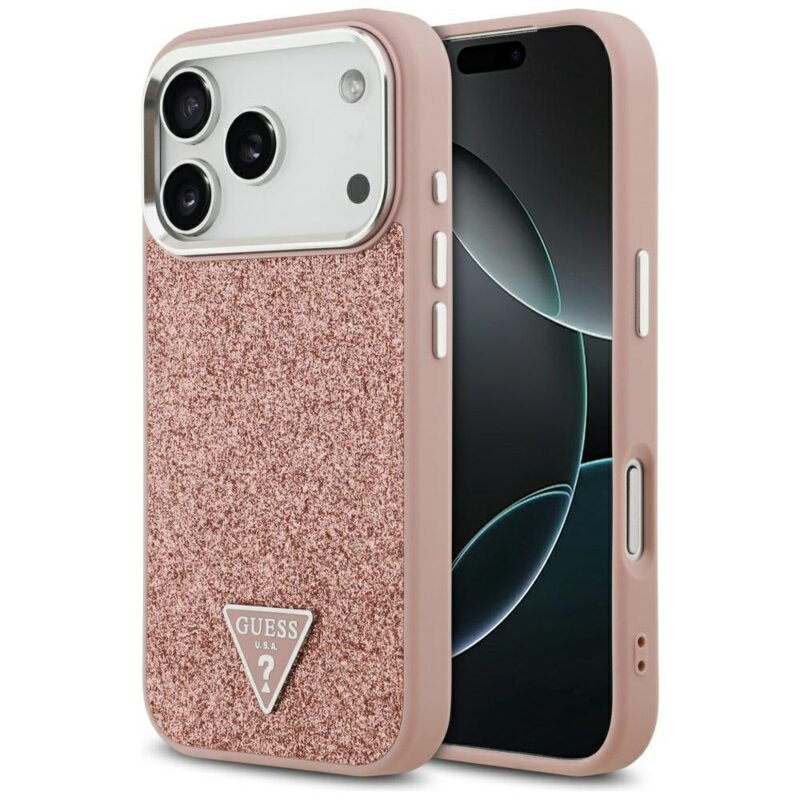 Husa Guess Glitter Triangle Logo MagSafe iPhone 17 Pro cu sclipici, roz, GUHMP17LPFGTSCMP